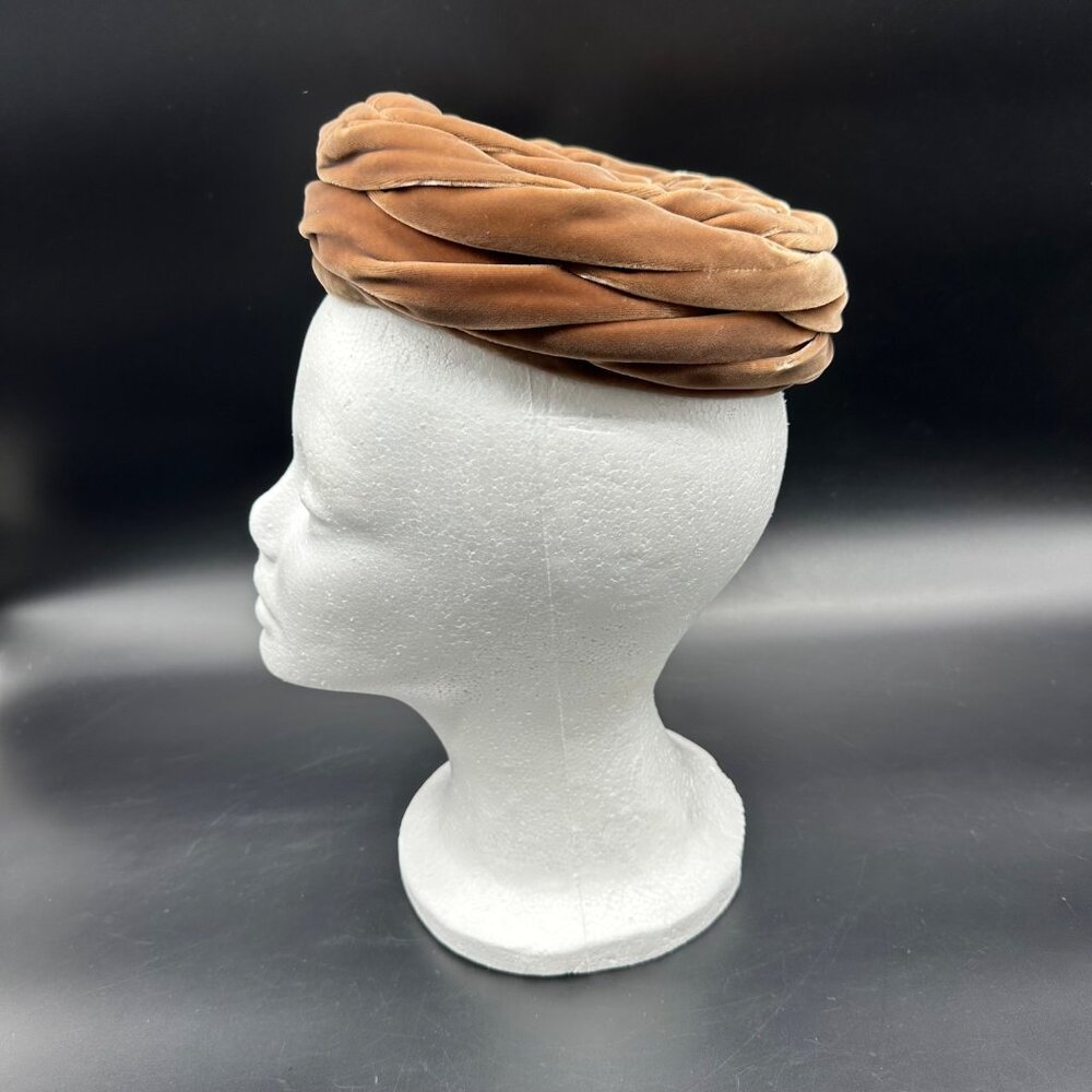 Vintage Pillbox Hat Bow Brown Velvet Junior B Retro Turban Style Mid Century - Picture 3 of 8